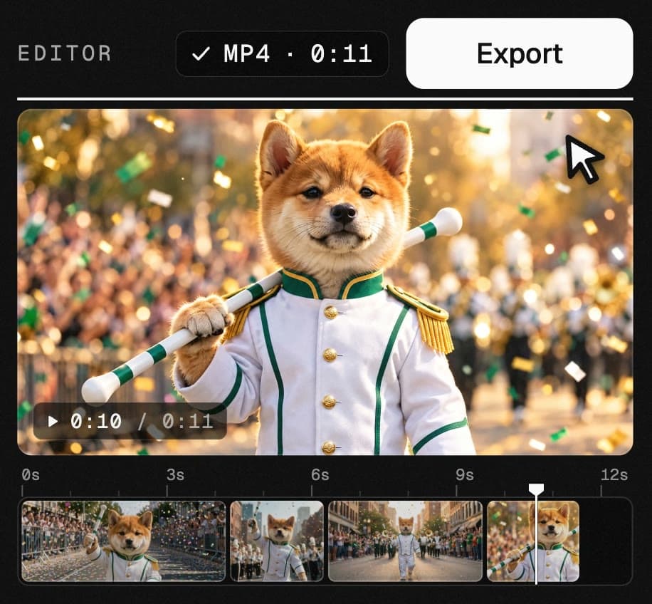 The editor: a monitor, a timeline of four clips with a playhead, and an Export button